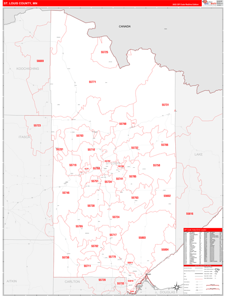 St. Louis County, MN Wall Map Red Line Style